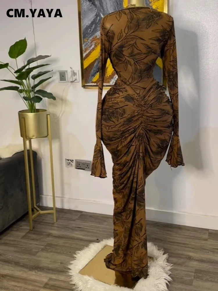 Women Leaf Printed Stacked Ruched Draped V-neck Maxi Long Bodycon Dress 2025 Holiday Birthday Club Party Evening Dresses