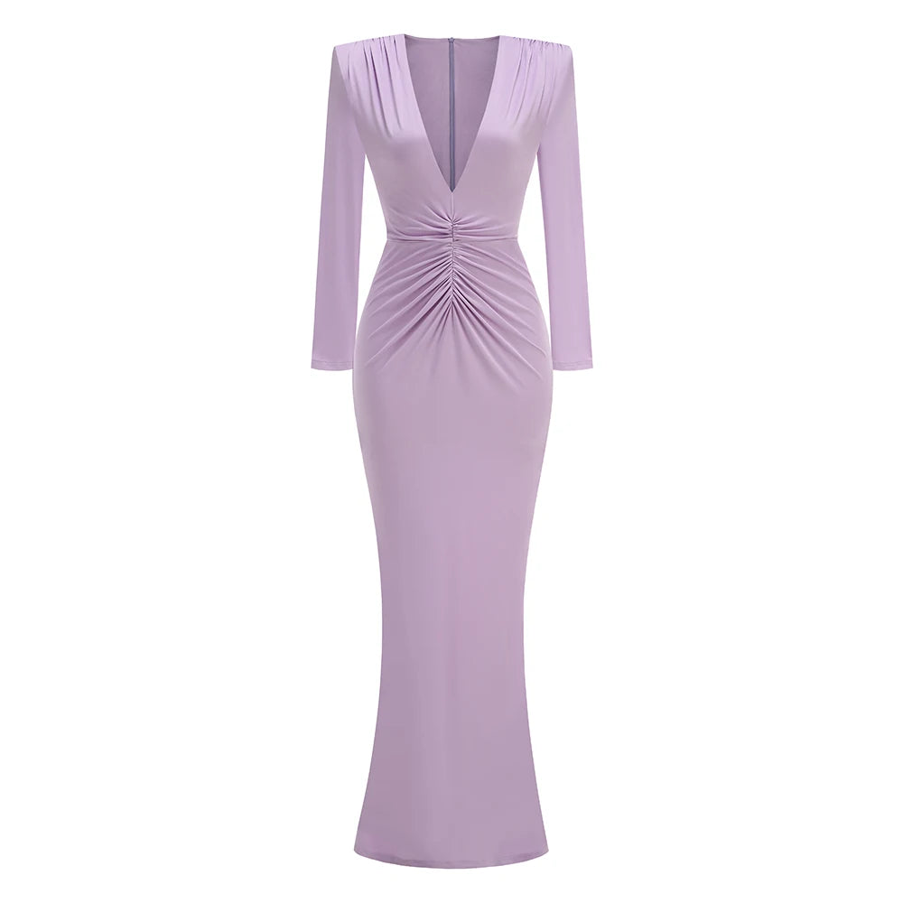 Deep V Plunge Long Dress For Women Folded Long Sleeves Pleated Bodycon Elegant Celebrity Evening Party Cocktail Gowns Vestido Lavender