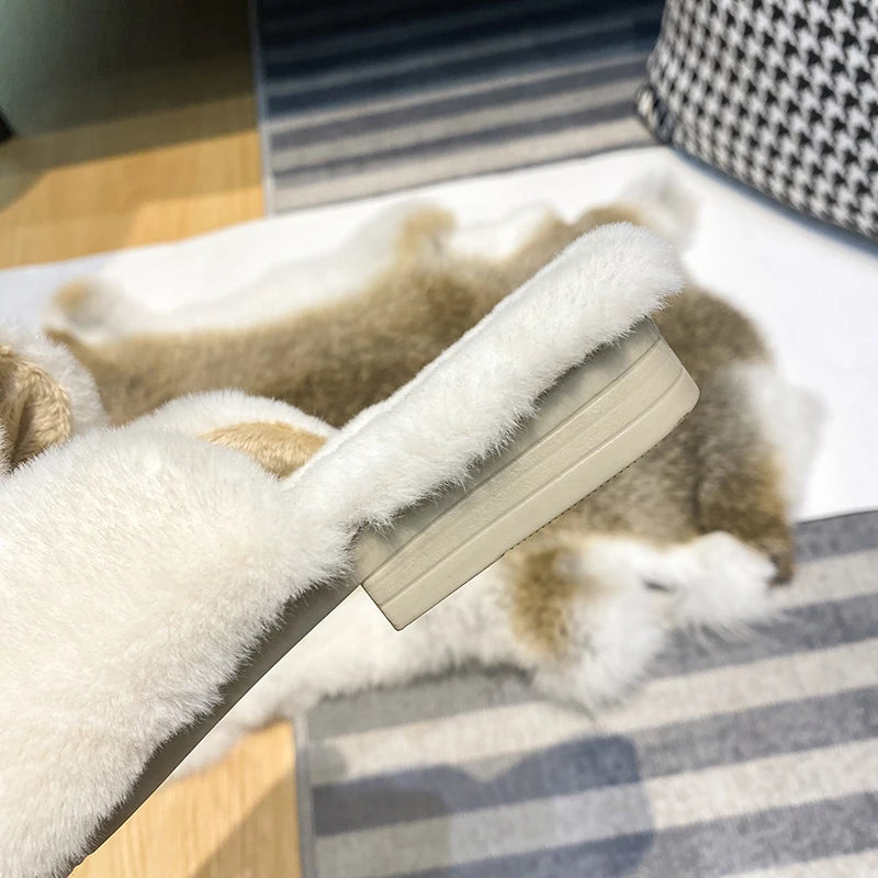 women's plush flat slippers Winter Home and Outdoor Shoes pearl decoration design Casual and office mules Large size 41-44