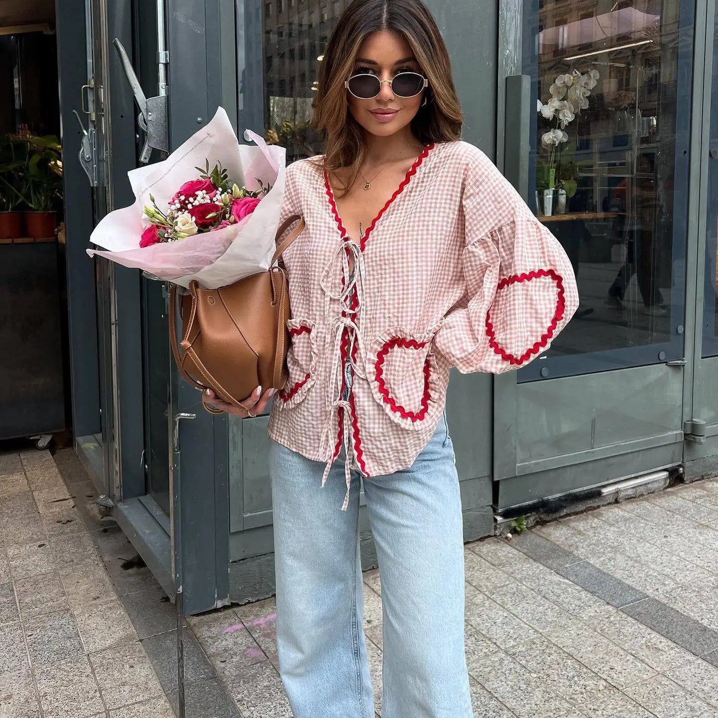 Vintage Women Loose Heart Pockets Shirts Fashion Ladies Casual V Neck Bow Buttons Blouses for Female Chic Tops Clothes