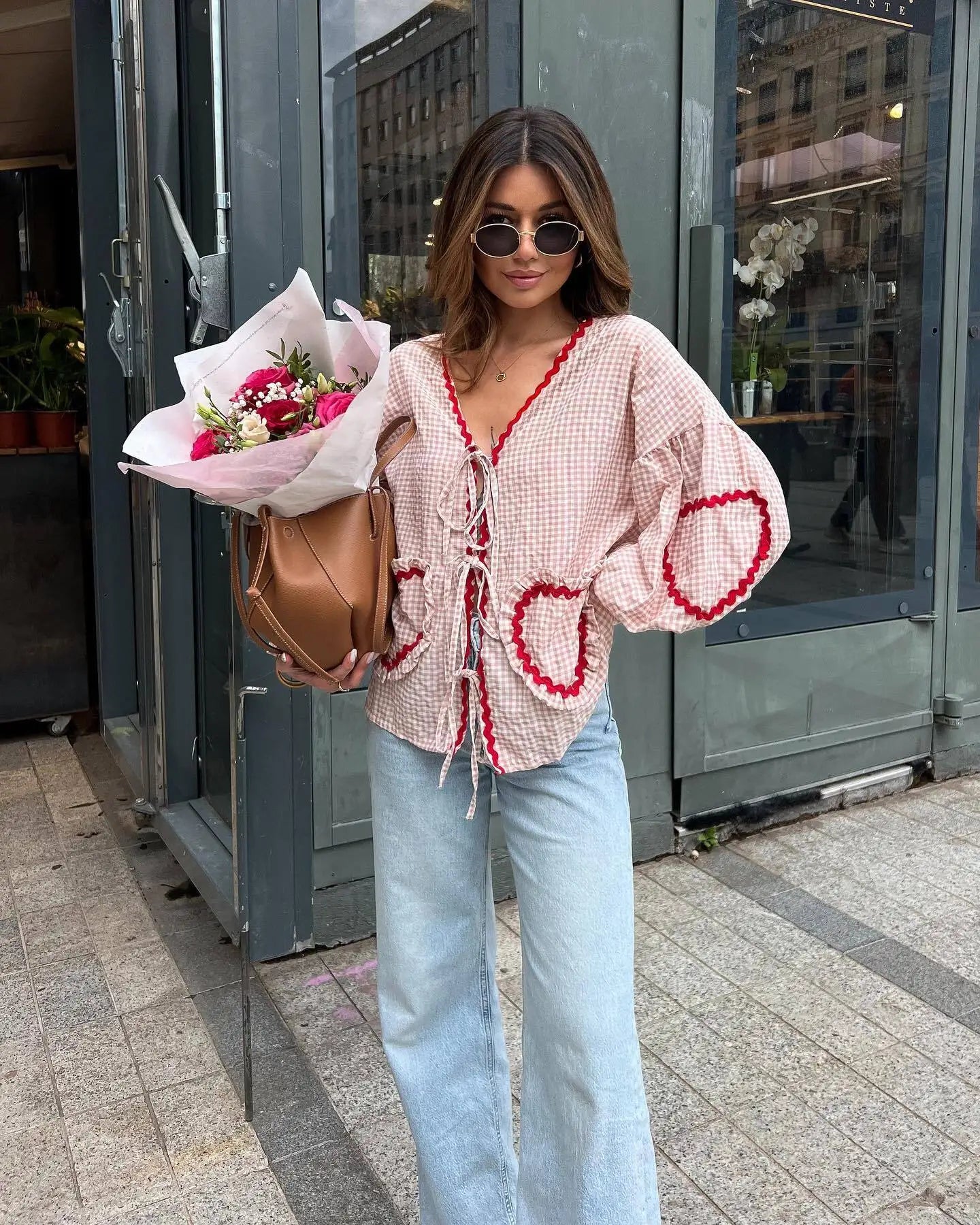 Vintage Women Loose Heart Pockets Shirts Fashion Ladies Casual V Neck Bow Buttons Blouses for Female Chic Tops Clothes