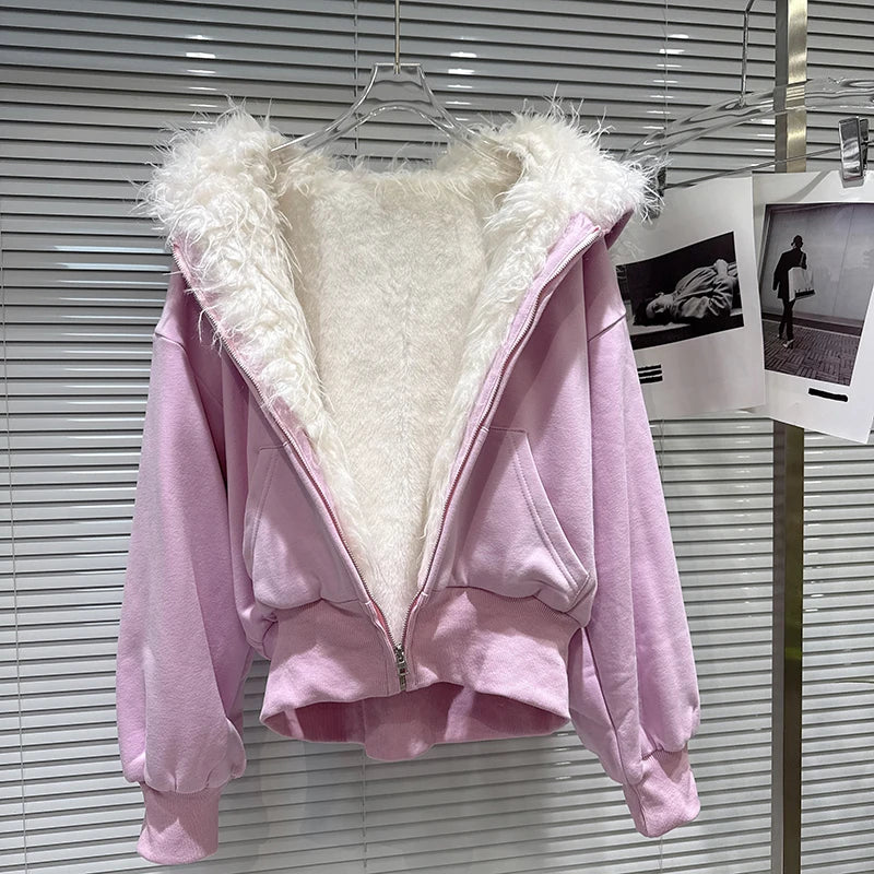 Winter New Sweet Furry Lined Hooded Sweatshirt For Women Elastic Waist Heart Pattern Fleece Long Casual Pants 11A07893