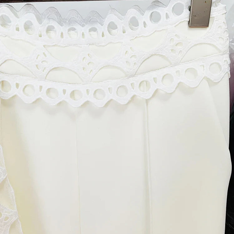 HIGH STREET Newest Designer Suit Set Women's Flare Sleeve Hollow Out Lace Trimmed Tops Blouse Pencil Pants Set