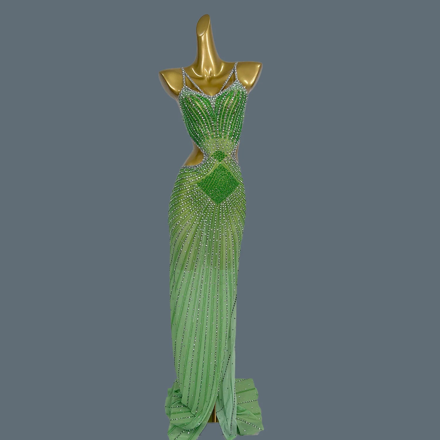 Elegant Crystal Party Evening Gown Cocktail Long Dress Dinner Gown Women Costume Sexy Sparkly Rhinestone Club Party Dress Xigua green One Size