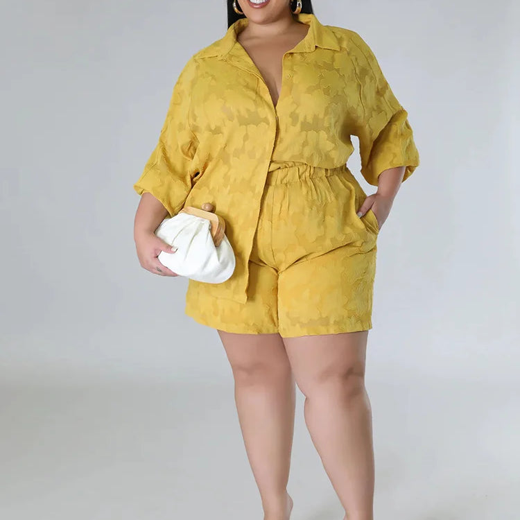 Wmstar Plus Size Two Piece Sets Women New Matching Sets Loose Shirts Top Shorts Tracksuit Casual Summer Wholesale Dropshipping Yellow