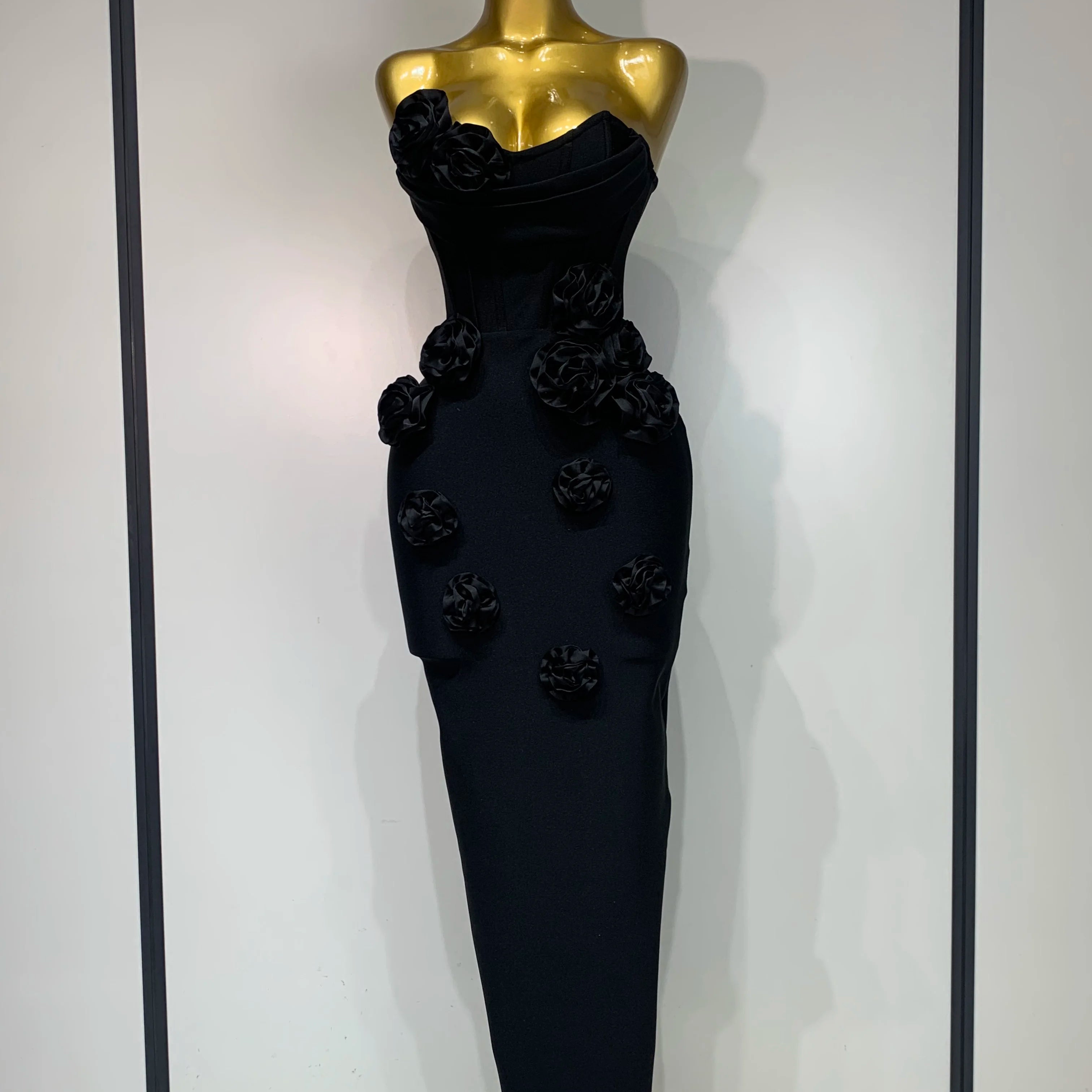 Women Celebrity Sexy Strapless Backless Flower Maxi Long Bodycon Bandage Dress 2025 Elegant Birthday Evening Club Party Dresses black