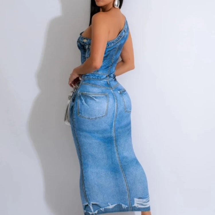 Women Fake Jean 3D Printed One Shoulder Sleeveless Bodycon Midi Maxi Dress 2024 Club Sexy Party Long Dresses Vestido