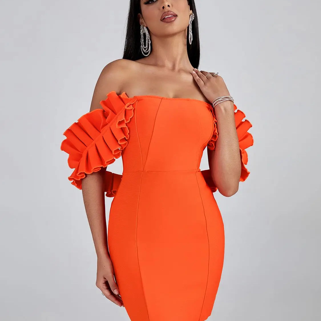 Orange Bandage Dress Women Mini Party Dress Bodycon Ruffle Elegant Sexy Off Shoulder Birthday Evening Club Outfits Summer