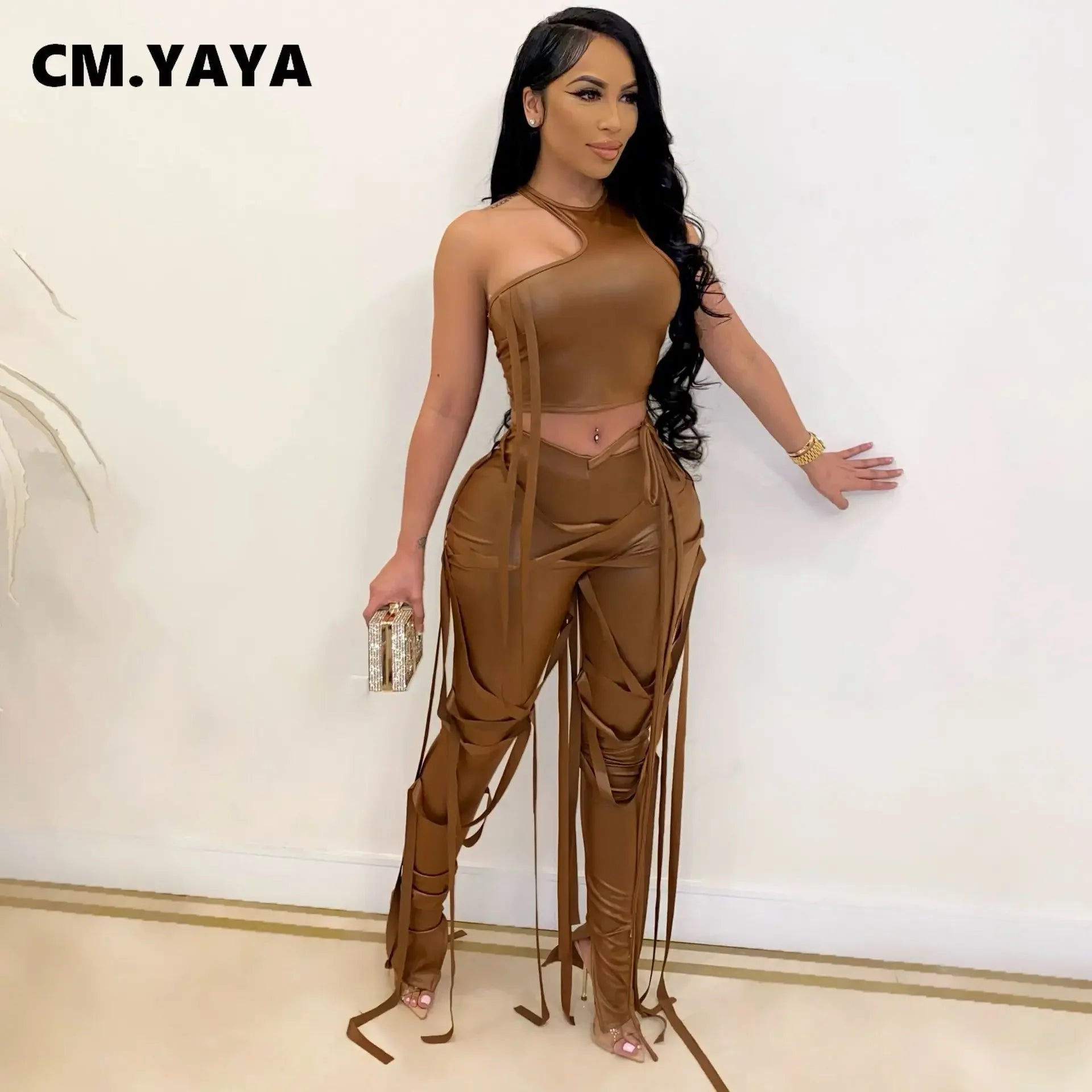 Faux Leather Women's Set Drawstring Lace Up Slit Leggings Pants Suit and Crop Top Street Tracksuit Two Piece Set Outfit