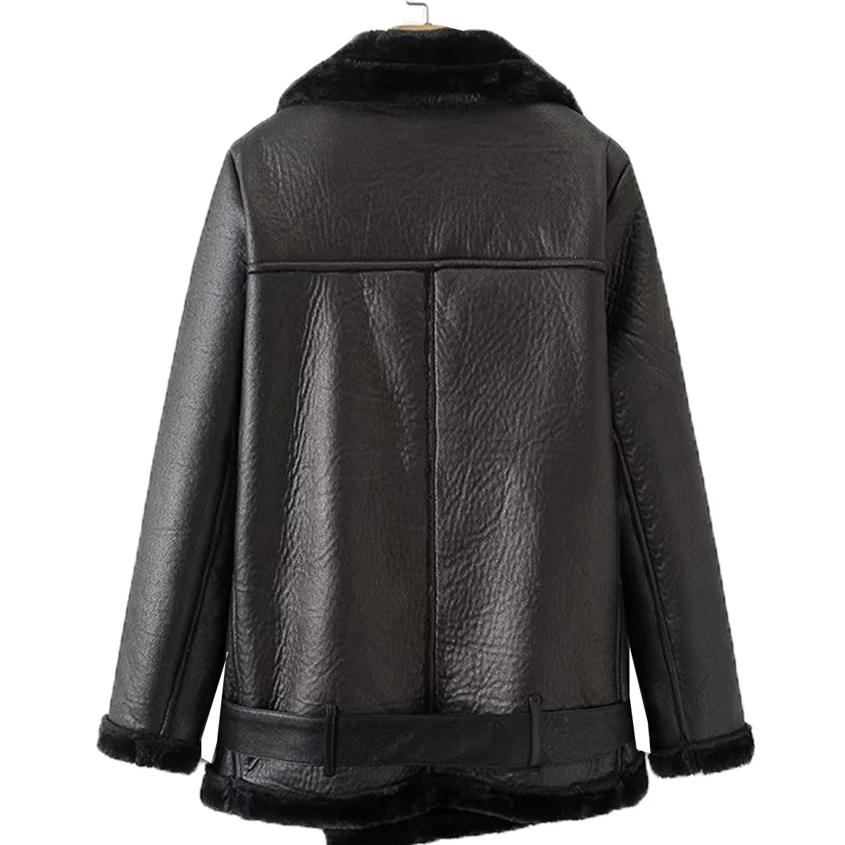 Fitaylor Winter Women Faux Fur Leather Jacket Casual Lady Thick Warm Leather Jacket Lapel Zipper Coat with Belt