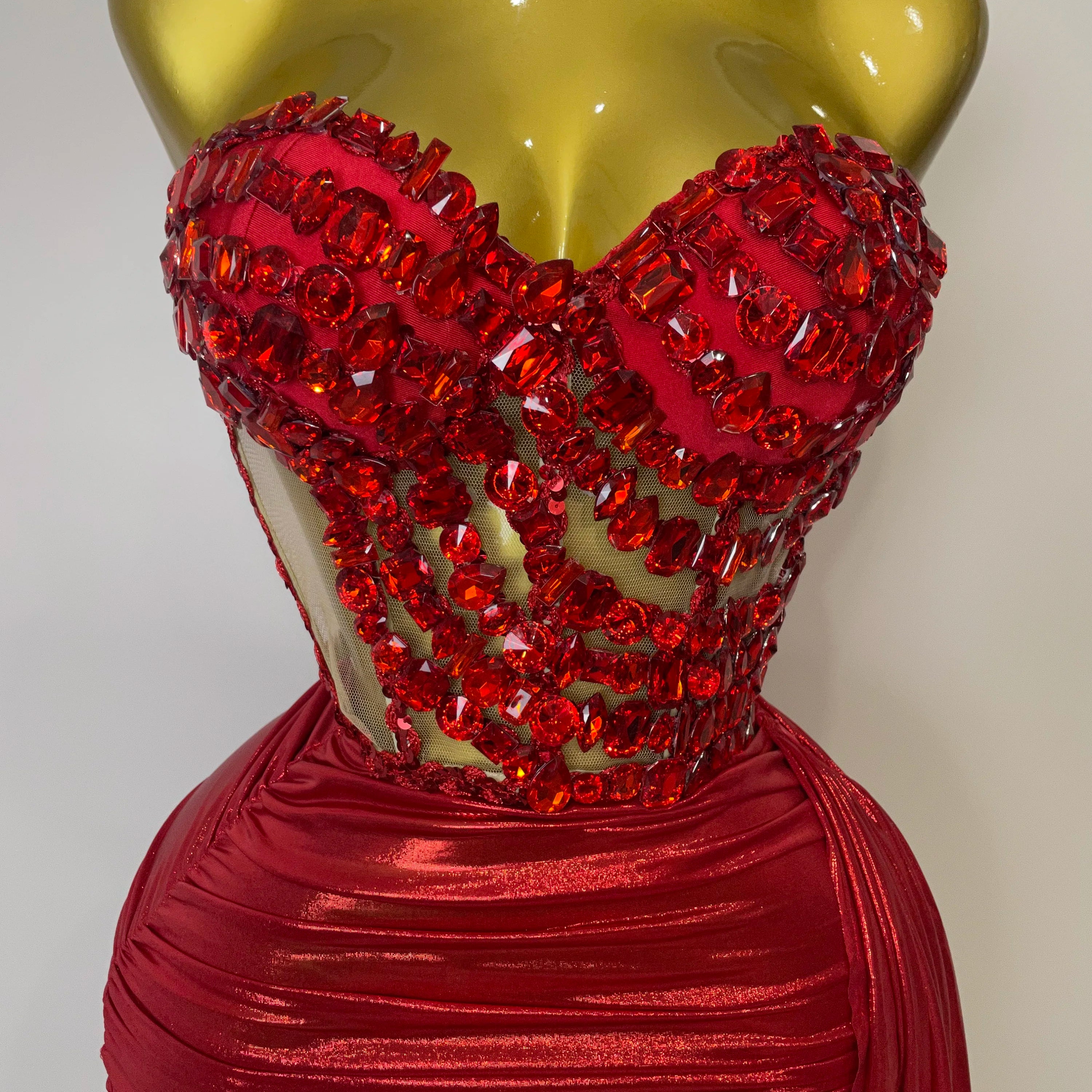 Sparkly Red Diamonds Two Piece Set Sexy Strapless Backless Women Outfit Evening Party Nightclub Stage Performance Dance Costume