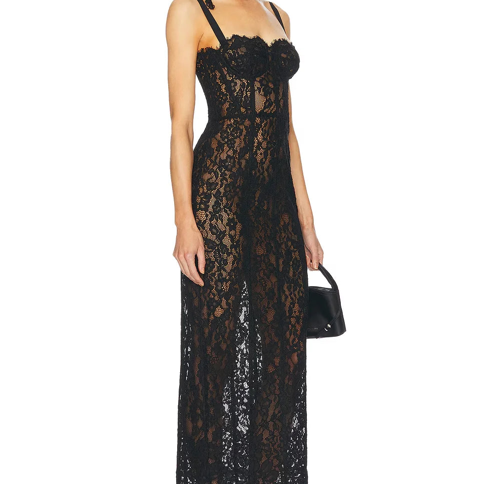 New Summer Black Women Sleeveless Sexy Strap Square Collar Lace Bodycon Mid-calf Dress Evening Party Celebrate Birthday Wear