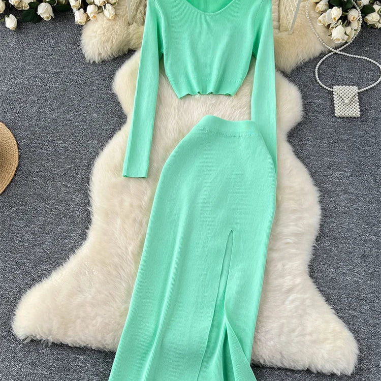 SINGREINY Autumn Sweater Two Pieces Suits Long Sleeves Knit Top+ Elatic Waist Slim Split Long Skirt Sets Women Warm Knitted Suit Mint Green One Size