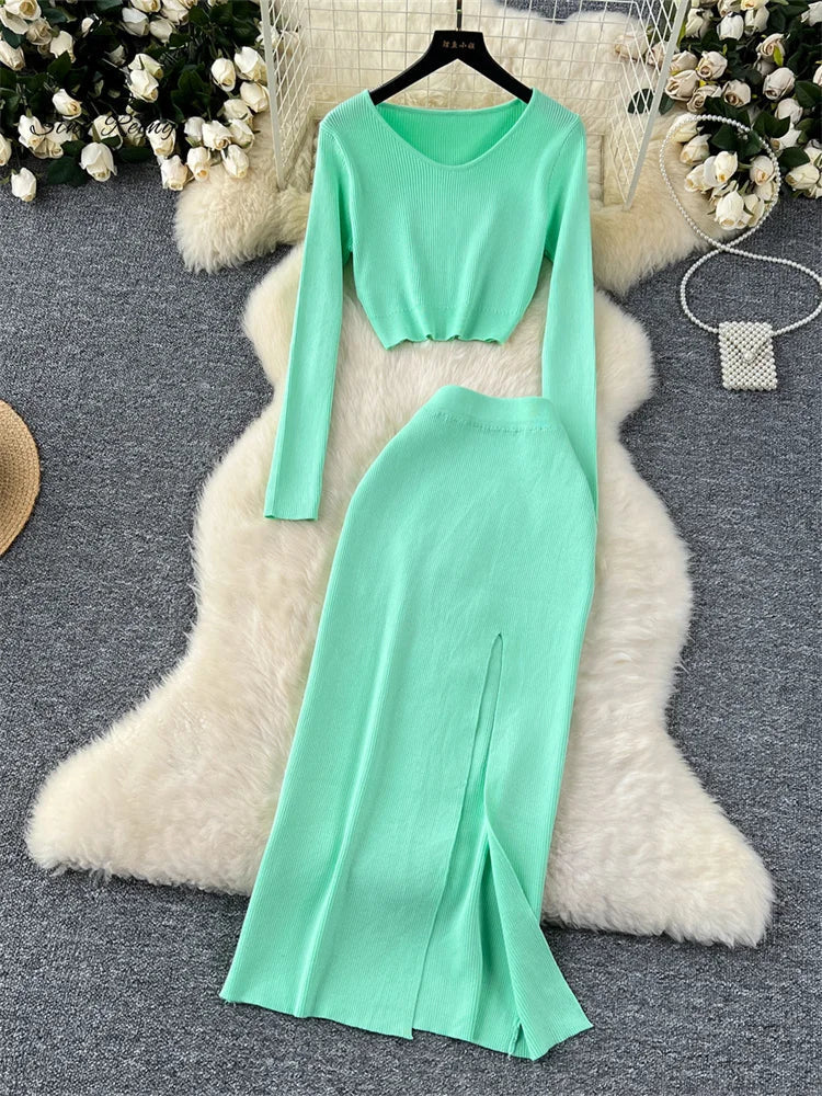 SINGREINY Autumn Sweater Two Pieces Suits Long Sleeves Knit Top+ Elatic Waist Slim Split Long Skirt Sets Women Warm Knitted Suit Mint Green One Size