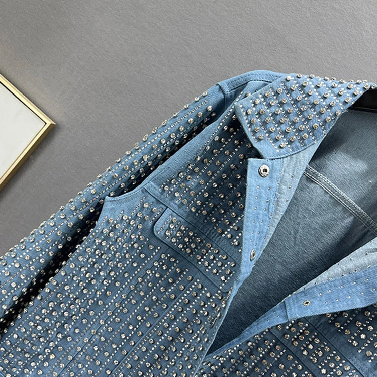 Streetwear Patchwork Rivet Denim Jacket Women Fashion Lapel Long Sleeve Loose Coats Female Outerwear Autumn