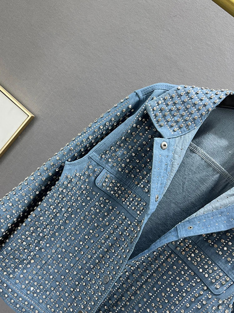 Streetwear Patchwork Rivet Denim Jacket Women Fashion Lapel Long Sleeve Loose Coats Female Outerwear Autumn