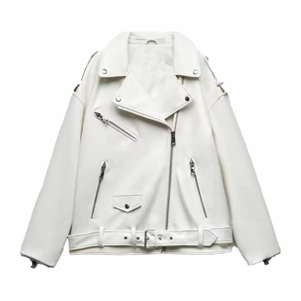 Women Autumn Fashion Imitation Leather Loose Jacket Coat Vintage Long Sleeve Zipper Female Outerwear Chic Tops WHITE