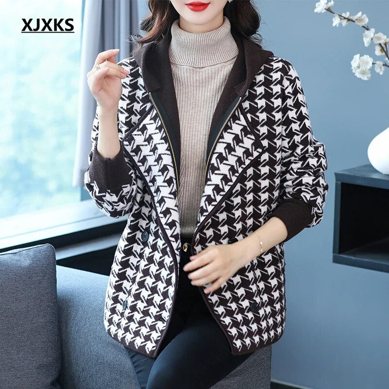 XJXKS 2024 Winter New Fake Two Pieces Splicing Women's Jacket Zip Cardigan Coat Comfortable Warm Hooded Wool Chaquetas