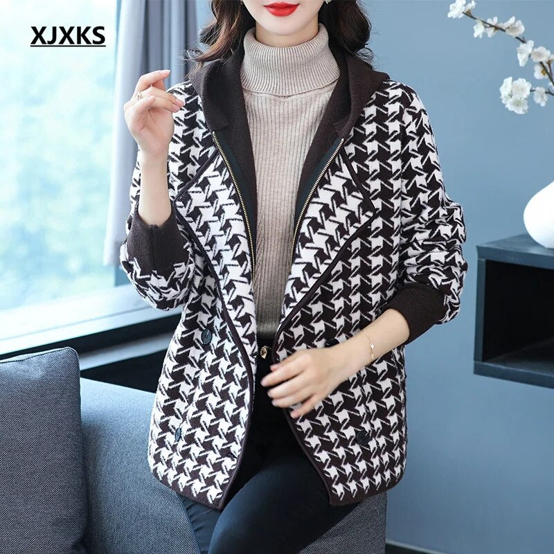 XJXKS 2024 Winter New Fake Two Pieces Splicing Women's Jacket Zip Cardigan Coat Comfortable Warm Hooded Wool Chaquetas