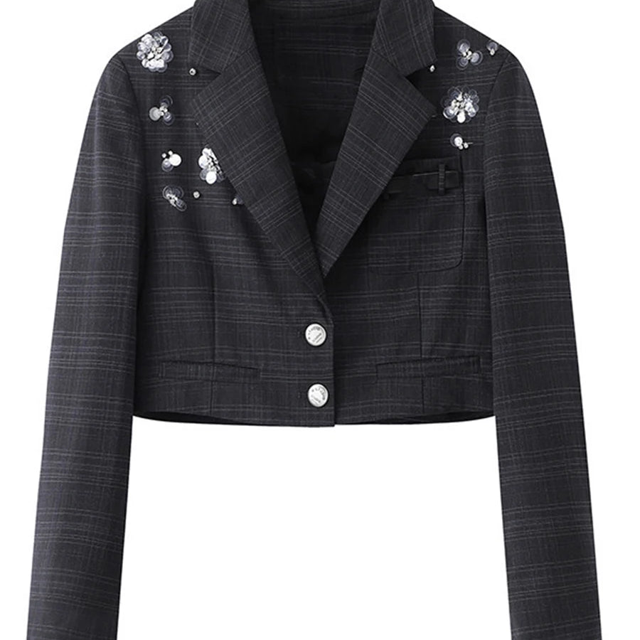 Solid Slimming Spliced Appliques Elegant Jackets for Women Lapel Long Sleeve Patchwork Button Fashion Jacket Female DARKGRAY