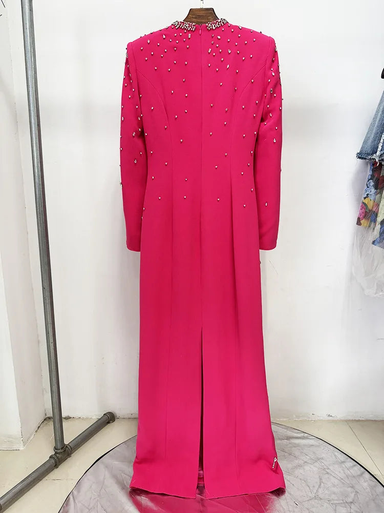 Solid Slimming Spliced Bead Luxurious Dresses for Women Square Neck Long Sleeves Patchwork Split Dress Femlae New