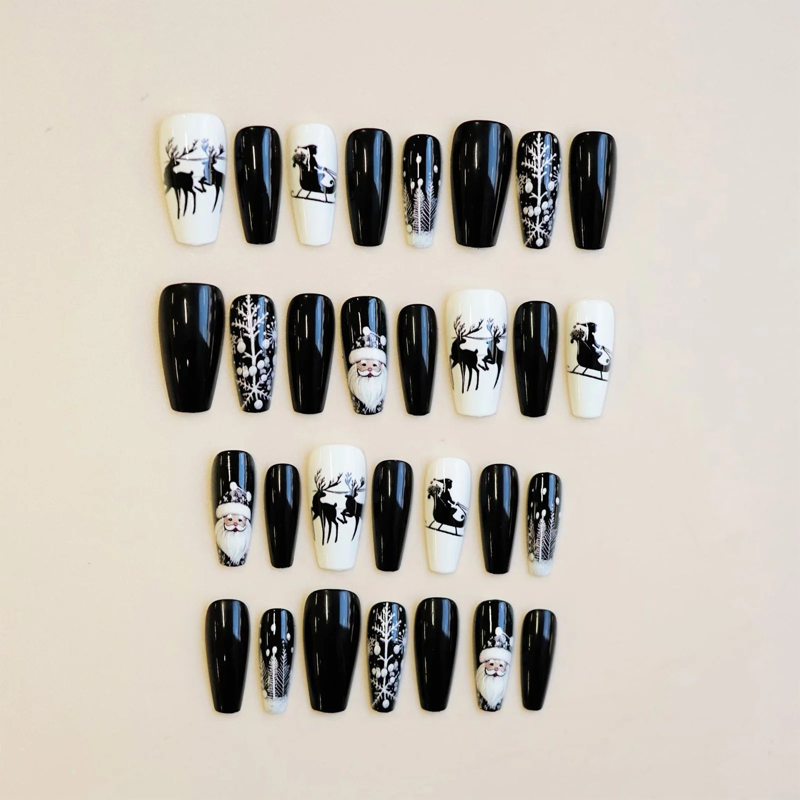 24Pcs Black/White False Nails Medium Length Coffin Christmas Nails Press On Full Cover Acrylic False Nails Santas/Deer Printed