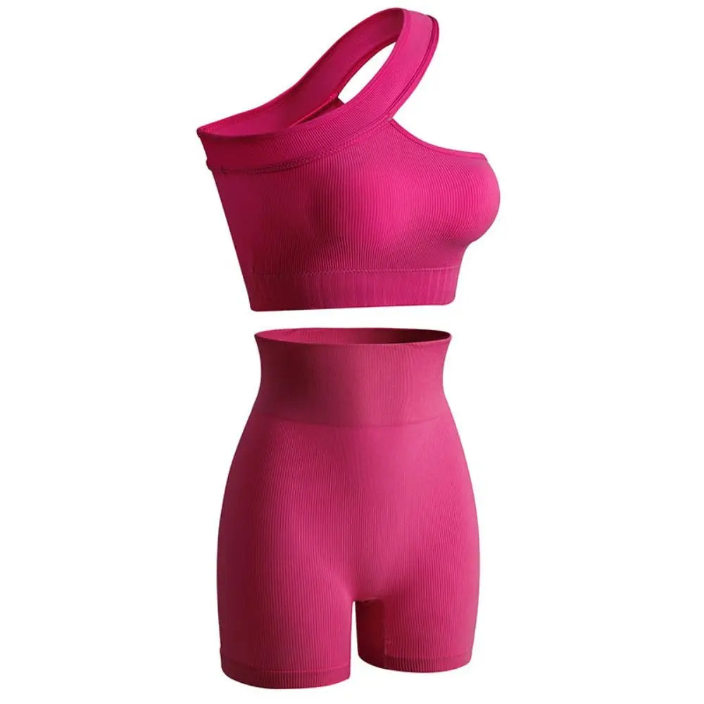 2Pcs Seamless Women Workout Sets Casual High Waist One Shoulder Yoga Outfits Tank Tops Ribbed Sports Bra Gym Pink