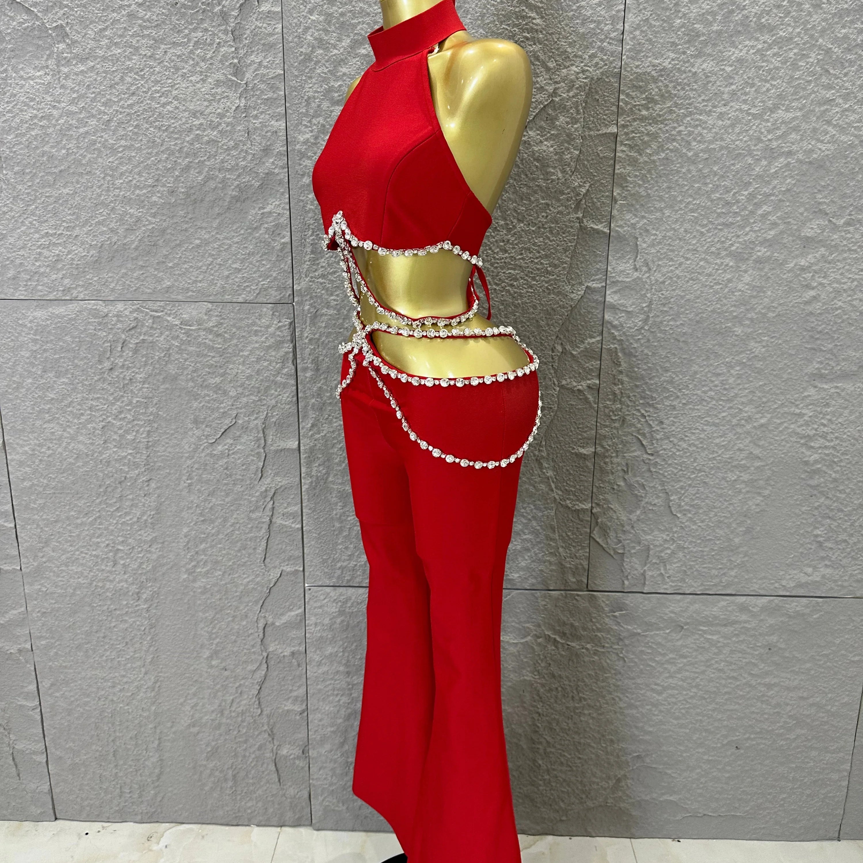 Luxurious Red Two Piece Set Women Sexy Halter Neck Crystal Cutout Crop Top Flare Pants Outfit Stage Performance Costume