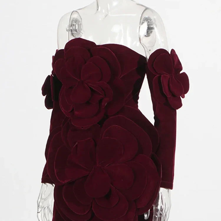 Solid Slimming Temperament Mini Dresses for Women Strapless Sleeveless Patchwork 3D Flowers Dress Female Clothing