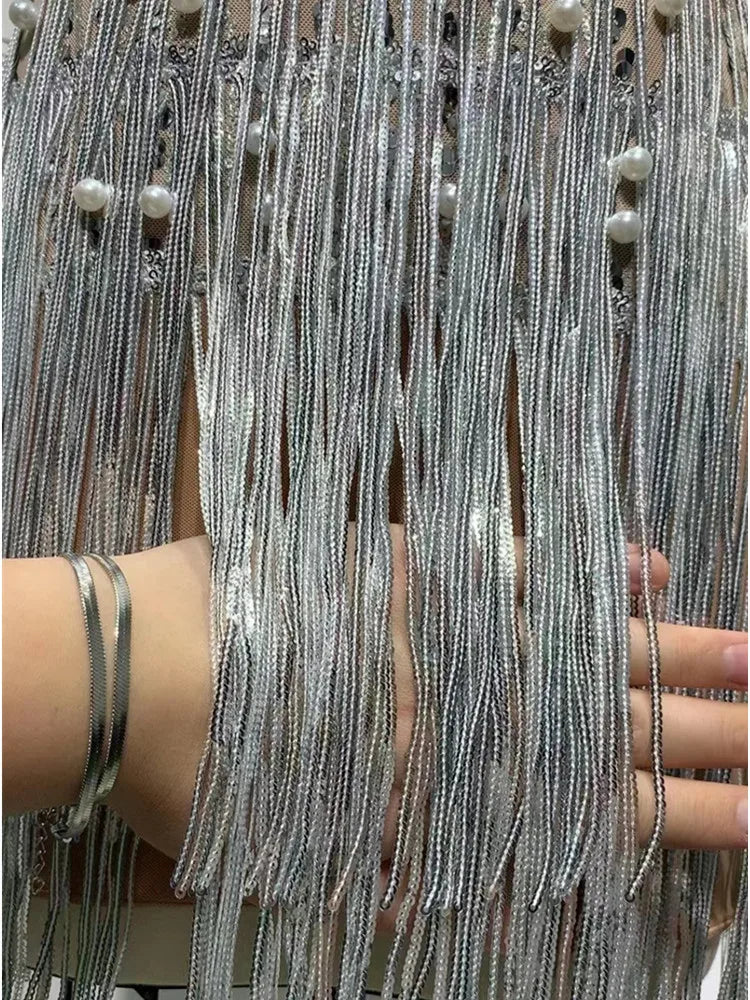 Shinning Rhinestones Peral Beading Sexy Bodycon Mini Dress Women Off the Shoulder Tassel Fashion Celebrate Birthday Party Dress