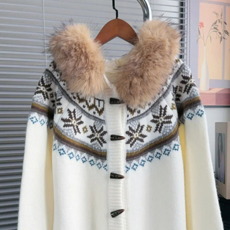 New Autumn Winter Fur Collar Hooded Sweater Coat For Women Loose Contrast Color Knitted Cardigan Female Trend 11A07546