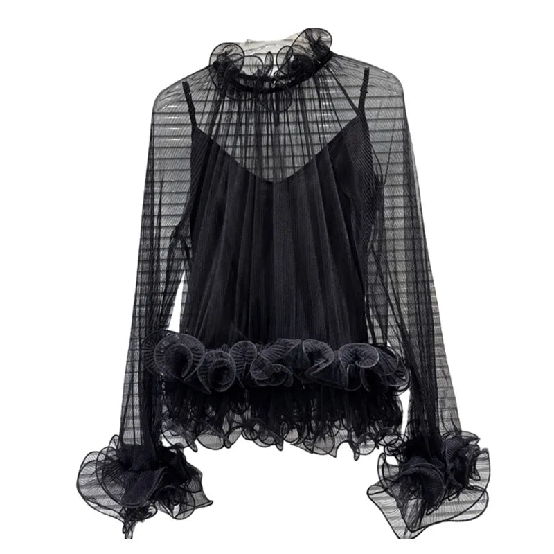 Winter New Items Style Elegant Ruched Lace Inner Camisole Chiffon Blouse For Women Loose Versatile Shirts 11A07896