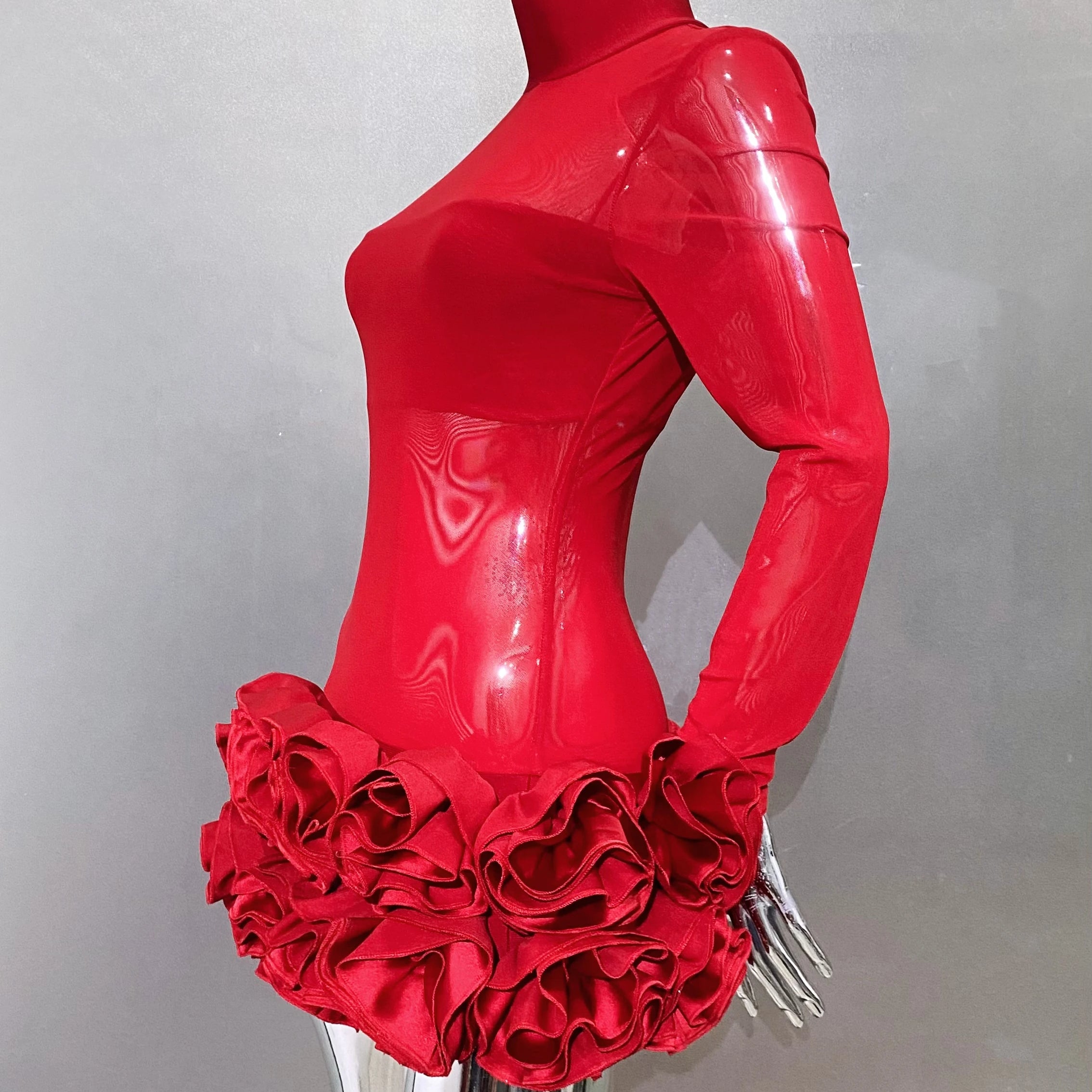 2024 New Sexy Mesh See through Stereoscopic Flowers Red Mini Evening Dress Sweet Woman Birthday Party Dress Performance costume