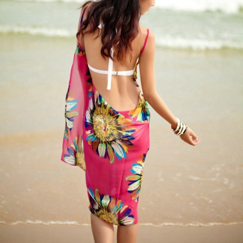 Printed Cover-ups Sexy Beach Dress - Halter Sling Chiffon Beach Towel Bikini Wrap Pareo Skirts Open-Back Swimwear