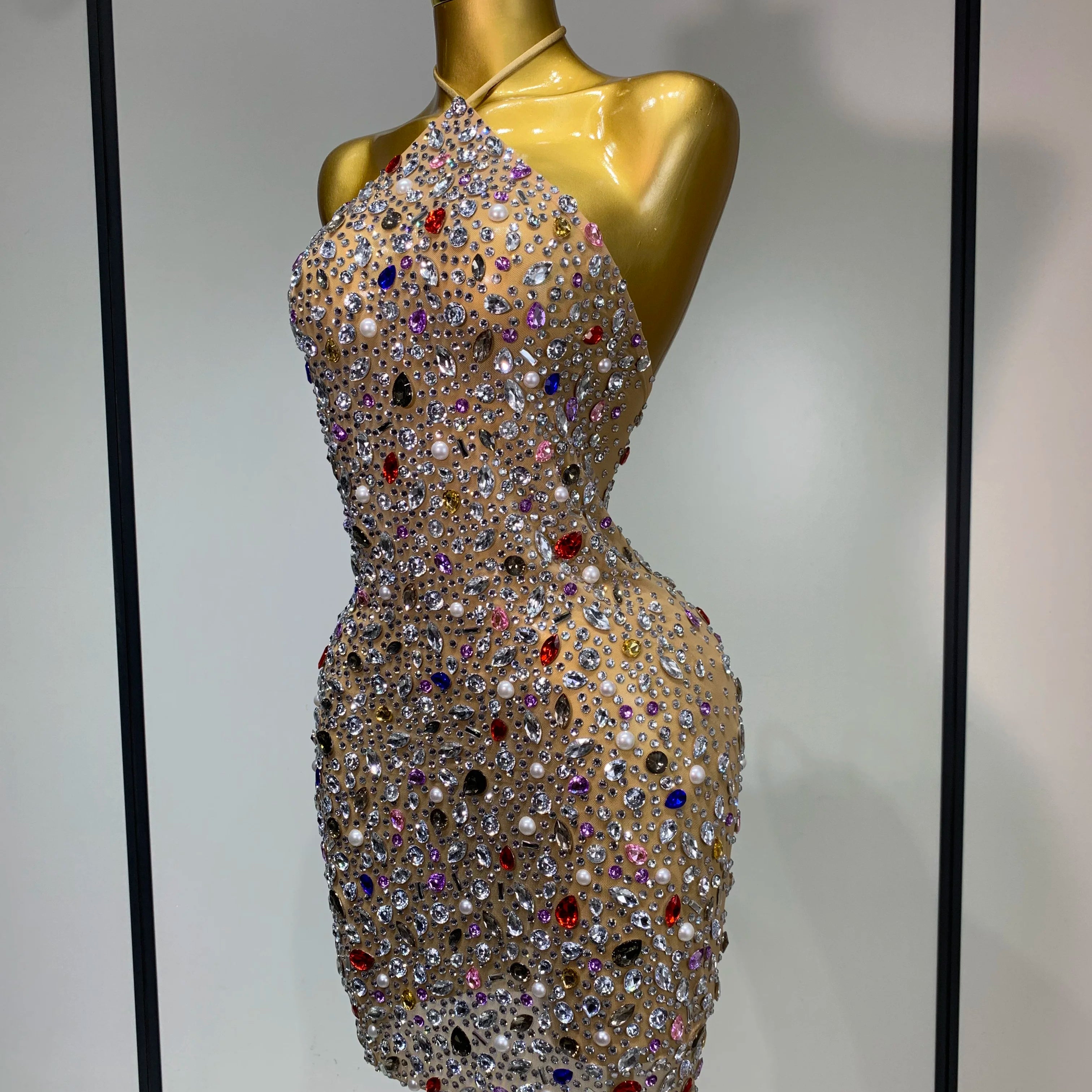 Colorful Crystals Diamond Women Sexy Halter Mesh See Through Bodycon Dress Nightclub Evening Party Celebrate Birthday Costume