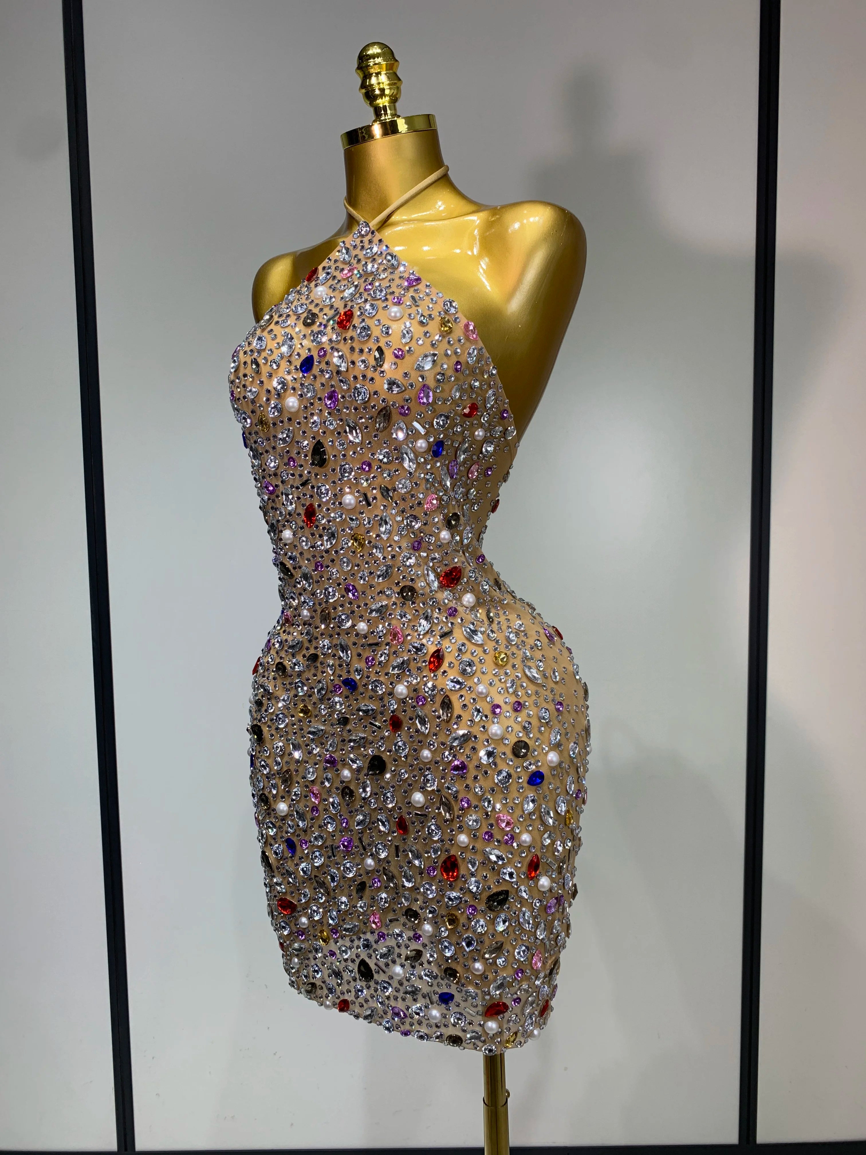 Colorful Crystals Diamond Women Sexy Halter Mesh See Through Bodycon Dress Nightclub Evening Party Celebrate Birthday Costume