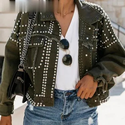 Women Outwear Studded Denim Jacket 2022 Spring Autumn Lapel Loose Single Breasted Buckle Casual Short Jeans Coats 2