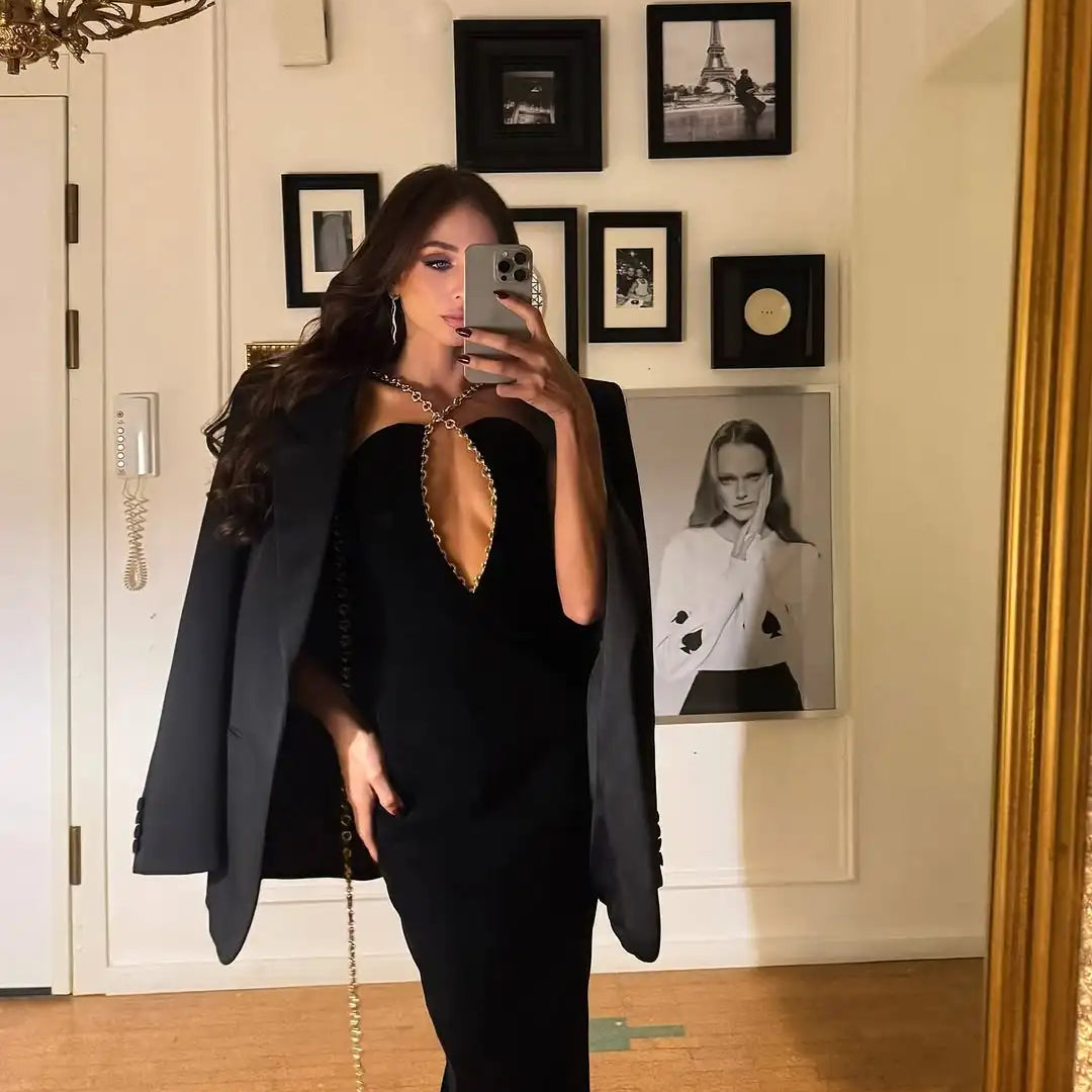 Fashion Gloves Glod Metal Long Chain Deep V-Neck Halter Sheath Black Ankle Length Dress Party Dress Celebrity Birthday Vestido