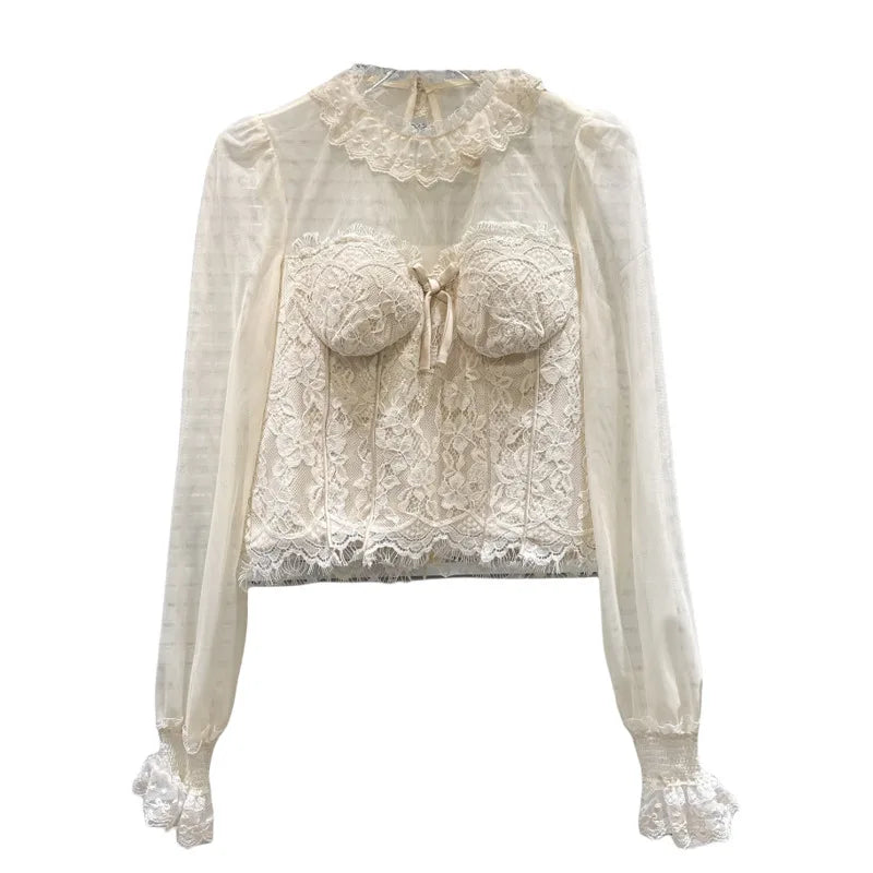 Winter New Fashion Style Elegant Bow Lace Patchwork Chest Pad Chiffon Blouse For Women Short Small Shirt 11A07927