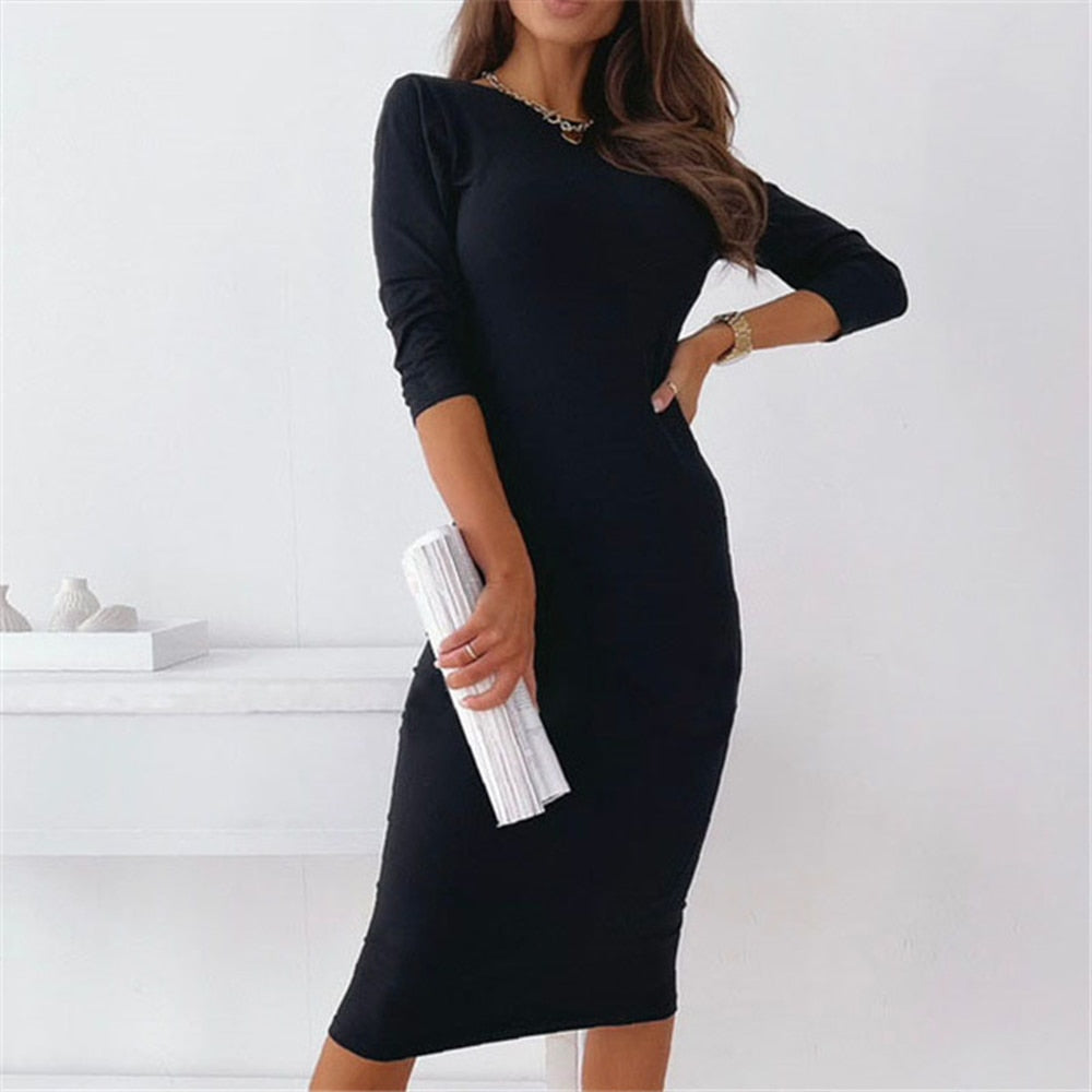 Womens Backless 3/4 Sleeve Midi Knee Length Dress Bodycon Ladies Party Striped Slim Dresses Black