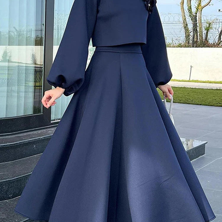 Ramadan Elegant 2 Piece Set Women Lantern Sleeve Flower Crop Top High Waist A-line Skirt Suit Spring Lady Abaya Turkey Sets
