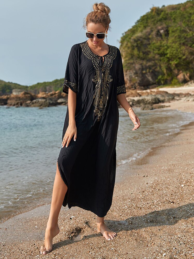 ローブ・ド・プラージュ刺繍ビーチカバーアップサロン女性ビーチパレオチュニックビーチ水着用