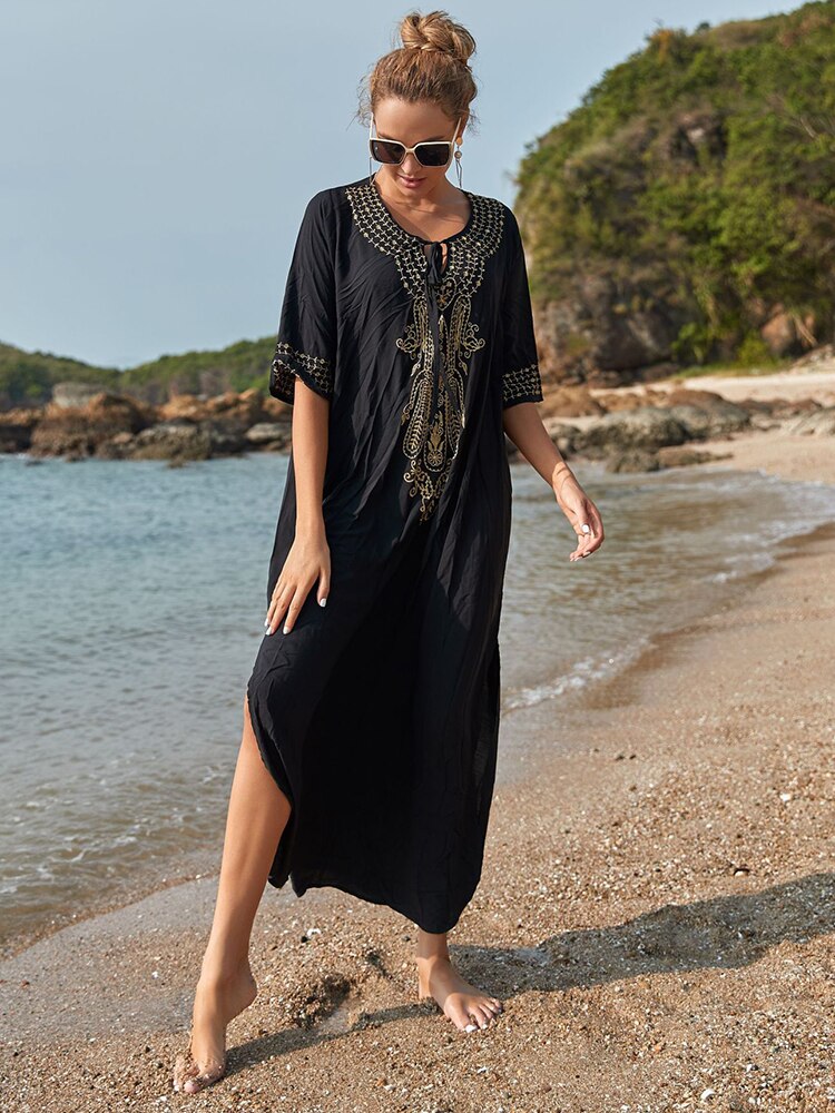 Robe De Plage Embroidery Beach Cover Up Sarong Women Beach Pareo Tunic For Beach Swimwear Color 06 One Size