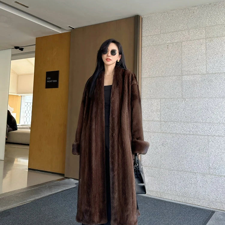 Lautaro Autumn Winter Long Luxury Elegant Chic Soft Thick Warm Brown Hairy Faux Mink Fur Coat Women V Neck Fluffy Overcoat 2024