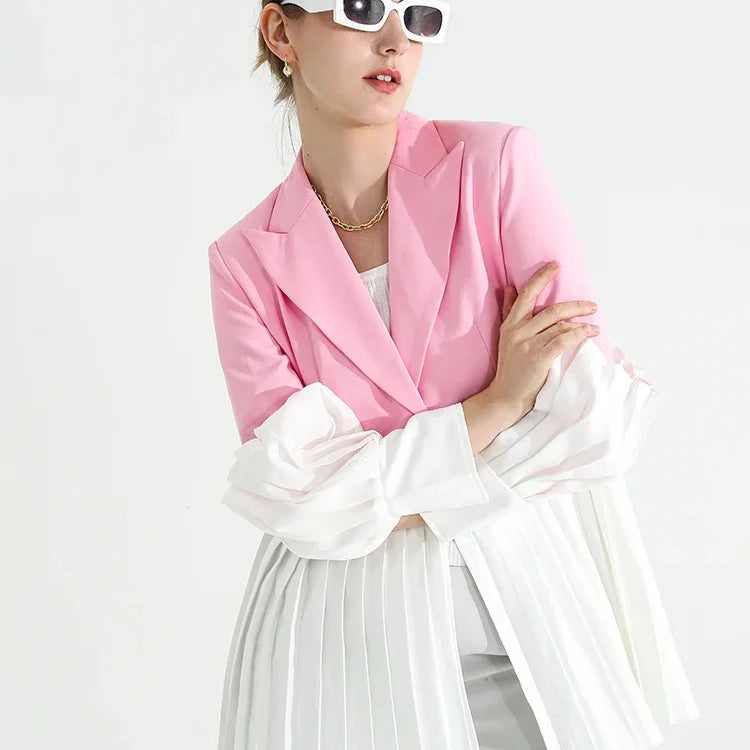 DEAT Fashion Women's Blazer Notched Collar Single Button Spliced Pleate Contrast Colors Suit Jackets Spring New Tide 7AB008