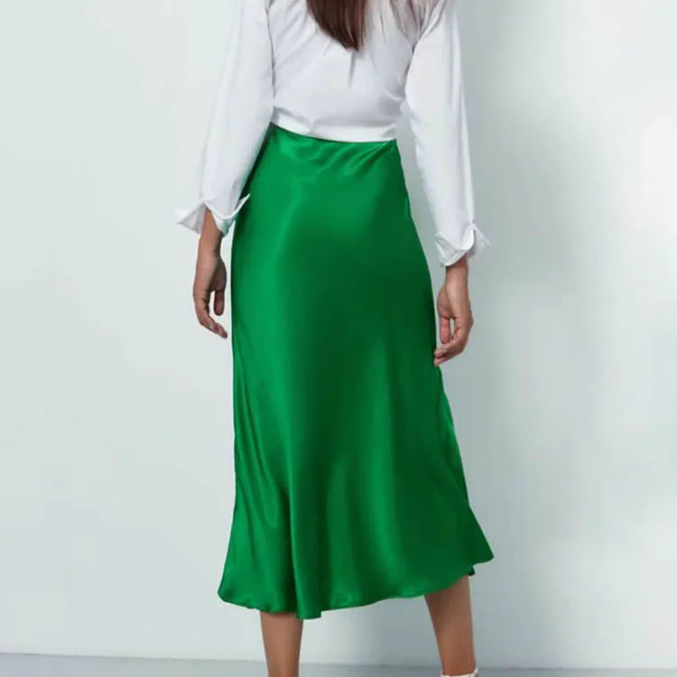 Silk Satin Skirts for Women Korean Style Champagne Office High Waist A-line Skirt Fashion Elegant Solid Long Pencil Skirt 2024 Green