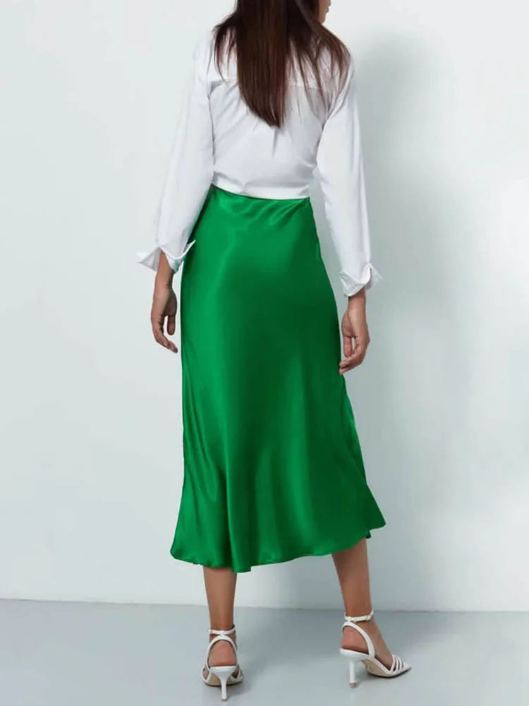 Silk Satin Skirts for Women Korean Style Champagne Office High Waist A-line Skirt Fashion Elegant Solid Long Pencil Skirt 2024 Green