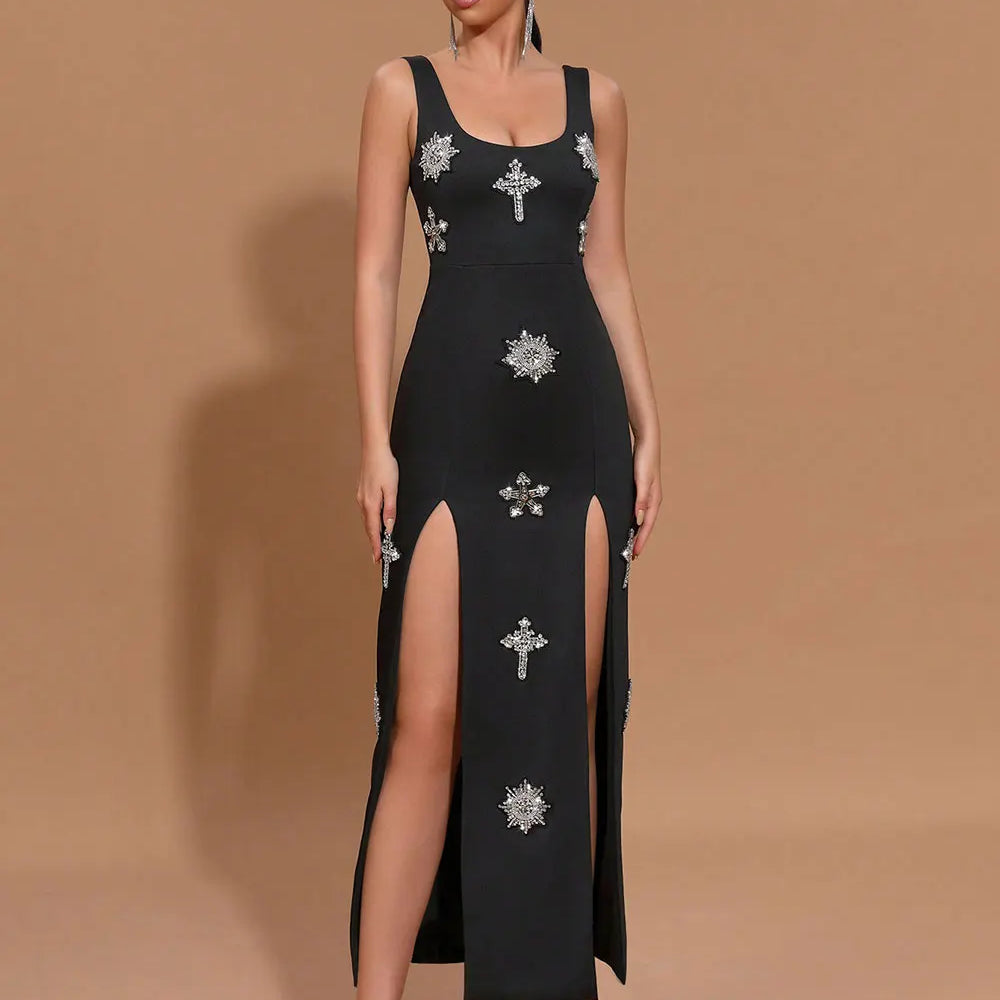 2025 Sexy Women's Light Luxury Nail Diamond Design Split Bandage Dress O-Neck Sleeveless Bodycon Black Long Dress Party Vestidos black