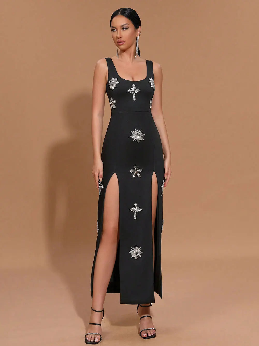 2025 Sexy Women's Light Luxury Nail Diamond Design Split Bandage Dress O-Neck Sleeveless Bodycon Black Long Dress Party Vestidos black