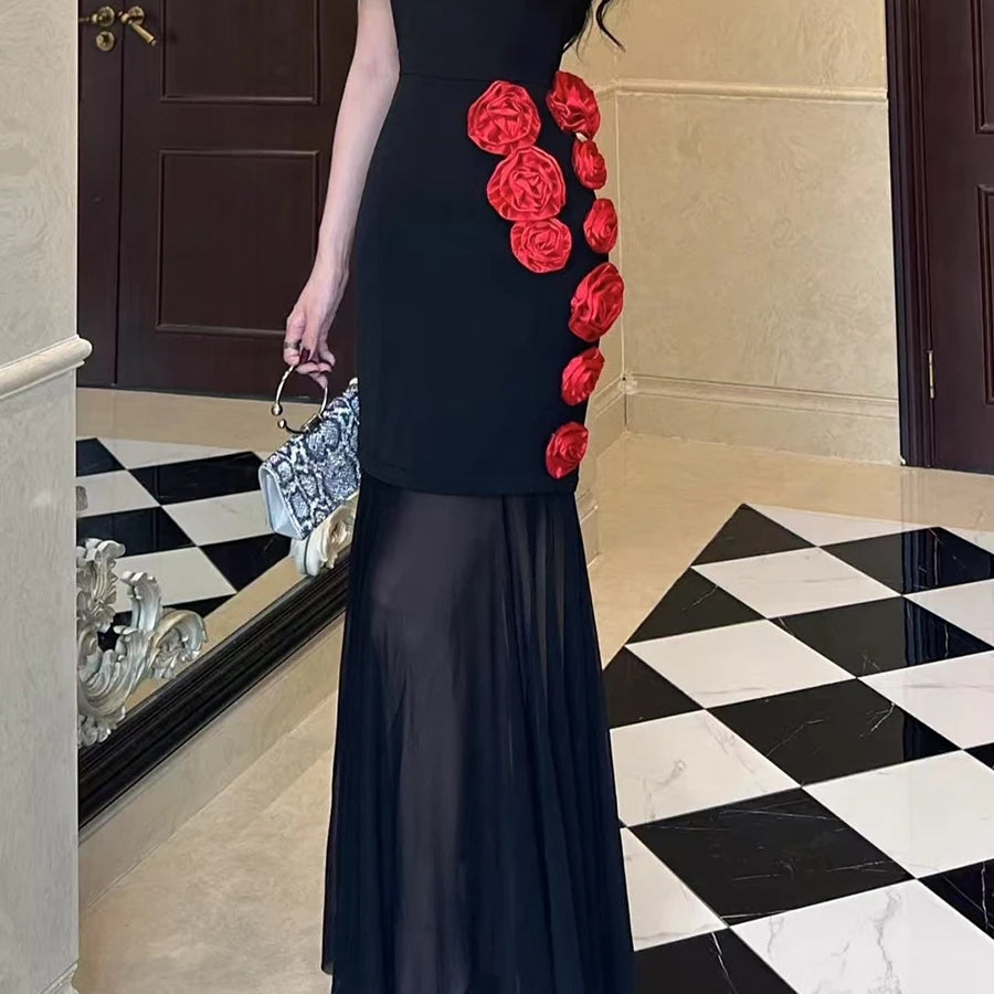 Hit Color Slimming Spliced 3D Flower Elegant Dresses for Women Round Neck Short Sleeves Dress Femlae Clothing New